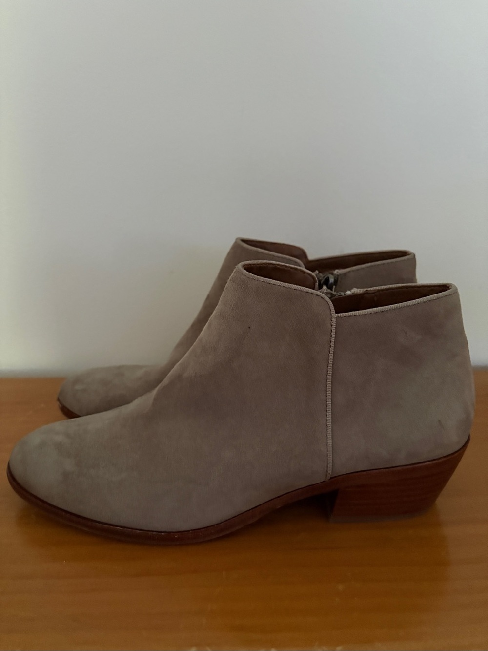 Sam Edelman Taupe Suede Ankle Booties with Stacked Heel